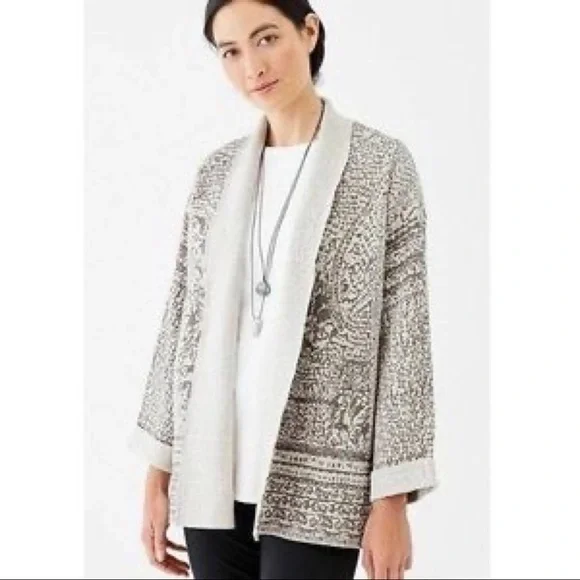 Pure Jill J. Jill Cream Brown Jacquard Open Front Cardigan Sweater