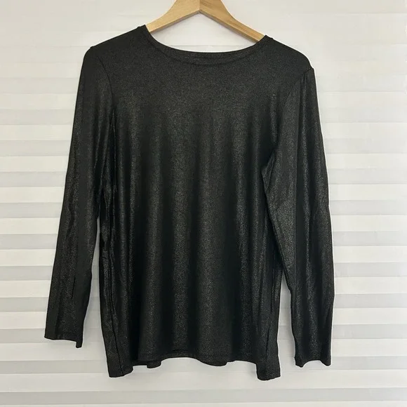Chico's Top Size 2 Pullover Long Sleeve Black Shimmer Scoop Neck Stretch