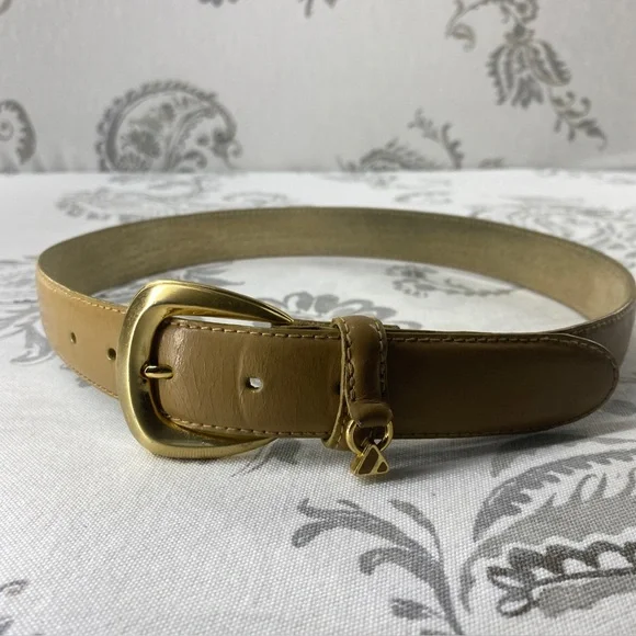 LIZ CLAIBORNE Vintage Leather Belt Taupe Gold Brass Buckle‎  Preppy Prep