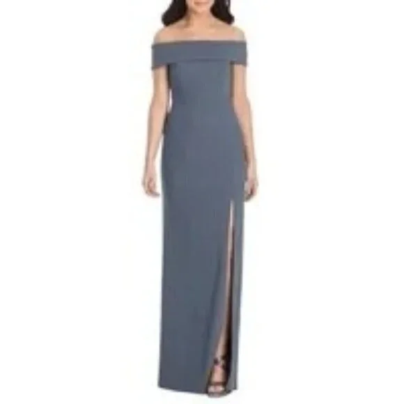 Dessy Womens Full Length Off Shoulder Crepe Dress Size 2 Silverstone NWT