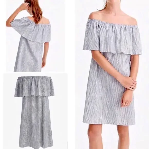 J. CREW Striped Chambray Off The Shoulder Dress
