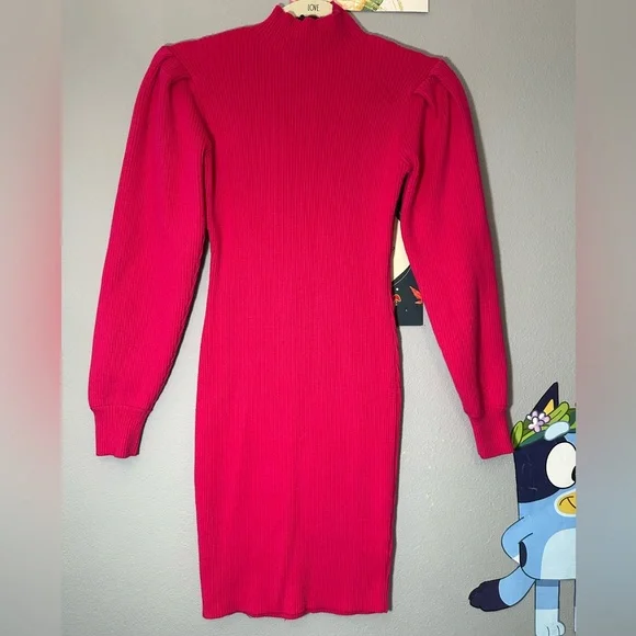 Fucsia pink Mock Neck Sweater Dress size Medium Long Sleeve Short Length 33