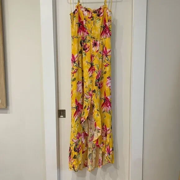 FLORAL Yellow Maxi Dress high low ruffle empire waist small