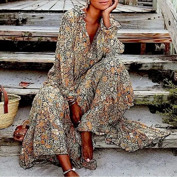 REVOLVE Free People Dress Feeling Groovy Floral Print Black Maxi Dress S • NEW