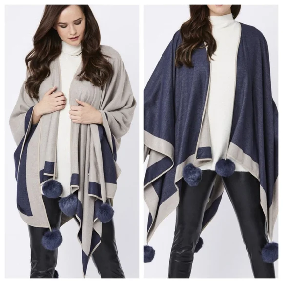 Jayley New!! Cashmere & Silk Reversible Pom Pom Wrap