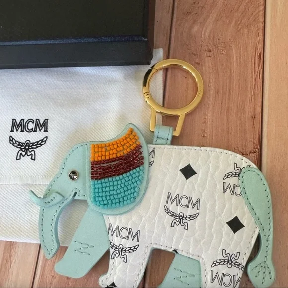 MCM Blue White Monogram Logo Beaded Elephant Charm Keychain