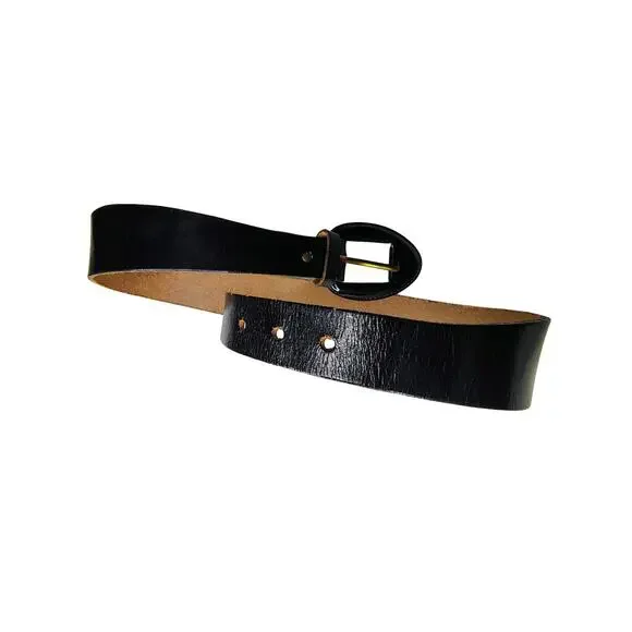1980s Black Leather Cinching Belt Leather Wrapped Oval Buckle Brass Hardware