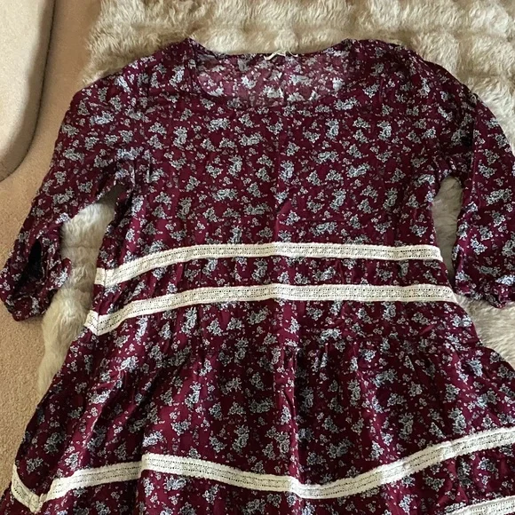 Jodifl for Anthropologie Floral Burgundy & Cream Boho Dress