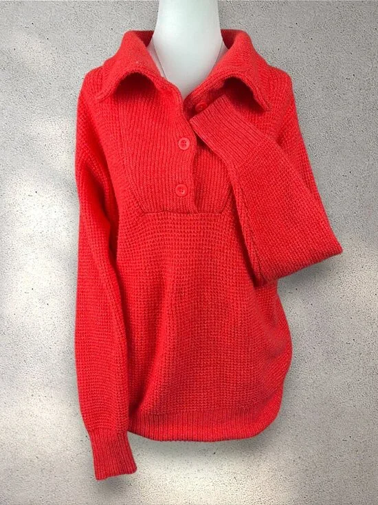 Aerie CozyUp Waffle Button Sweater Women’s XXS Red Oversized Grandpa Cabincore