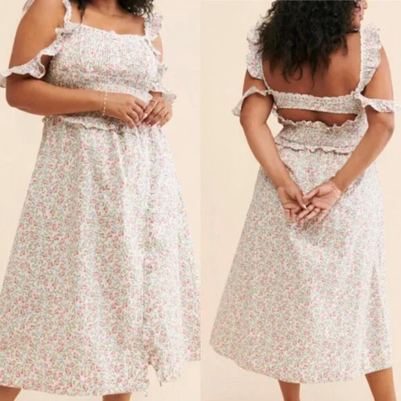 For Love & Lemons Amalfi White Pastel Floral Ruffle Midi Dress 1X​​​​​​​​​​
