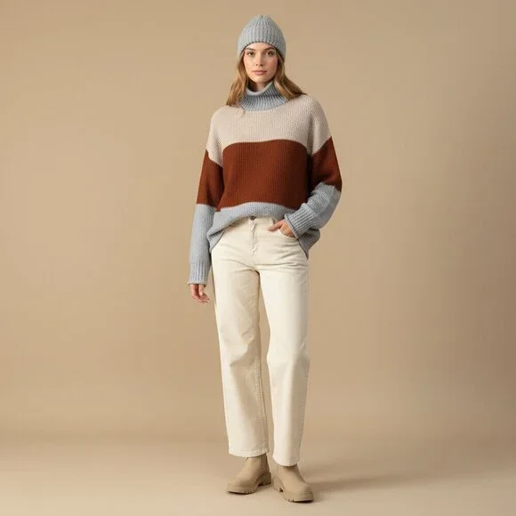 NWOT BiBi Retro Colorblock Turtleneck Oversized Sweater Size S