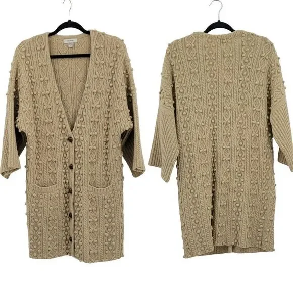 Vintage 70's Faconnable cardigan sweater wool‎ long 3D knobby granny core tan S