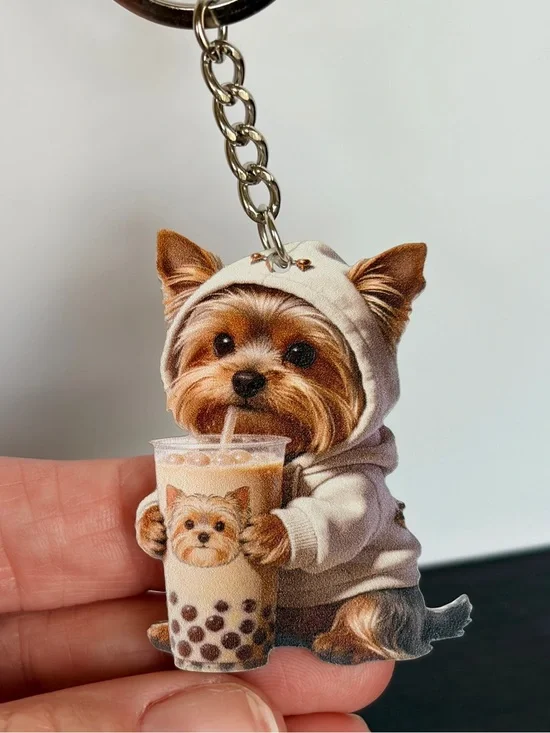 Cute Yorkie Ice Coffee Keychain - Brown & Cream