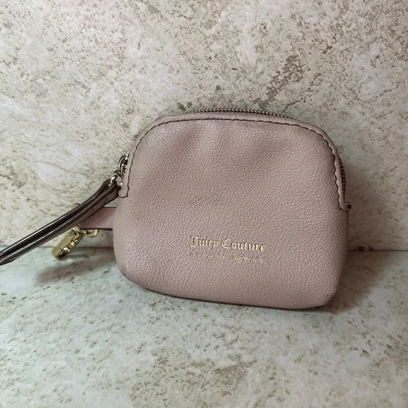 Juicy Couture Zipper Coin Pouch Clip On Keychain Tan Beige & Gold Hardware‎