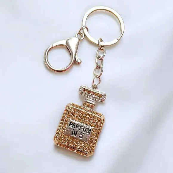 Champagne Crystal Parfum No. 5 Perfume Bottle Silver Keychain