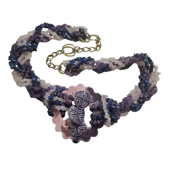 Ceramic Purple Amethyst Lapis Lazuli Rose Quartz Belt Statement Buckle Vintage