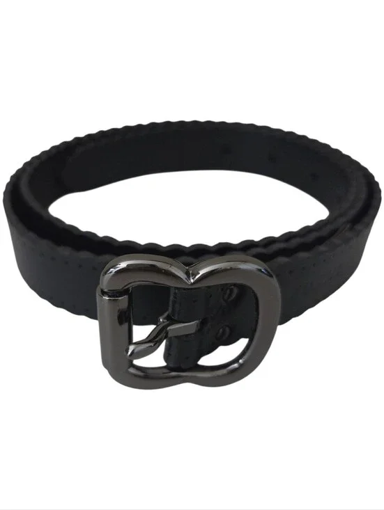 fossil womens black leather laser cut scalloped edge skinny belt sz L BT4028001