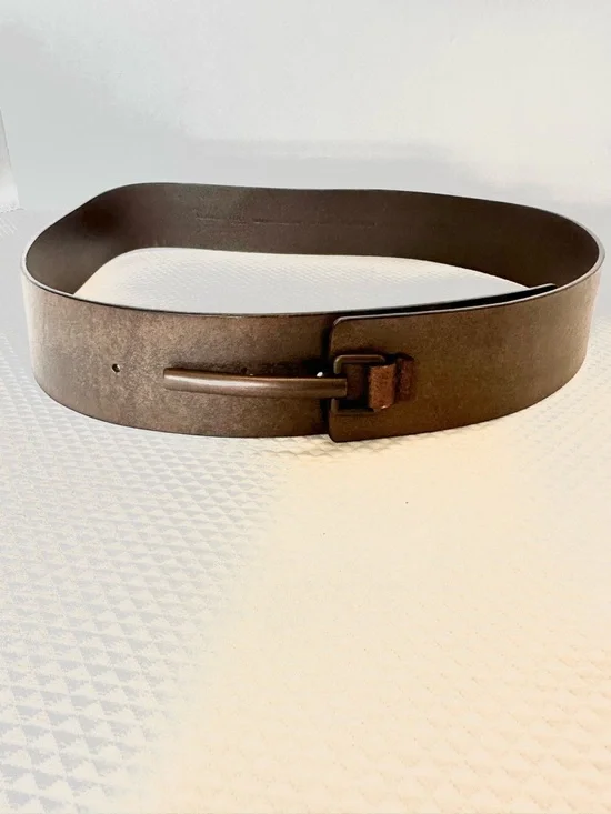 Kenneth Cole Wide Modeled Brown Leather Belt Minimalist Buckle Festival