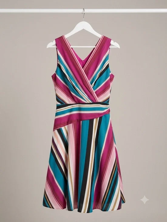Roz & Ali Striped V-Neck Fit & Flare Dress in Magenta and Teal