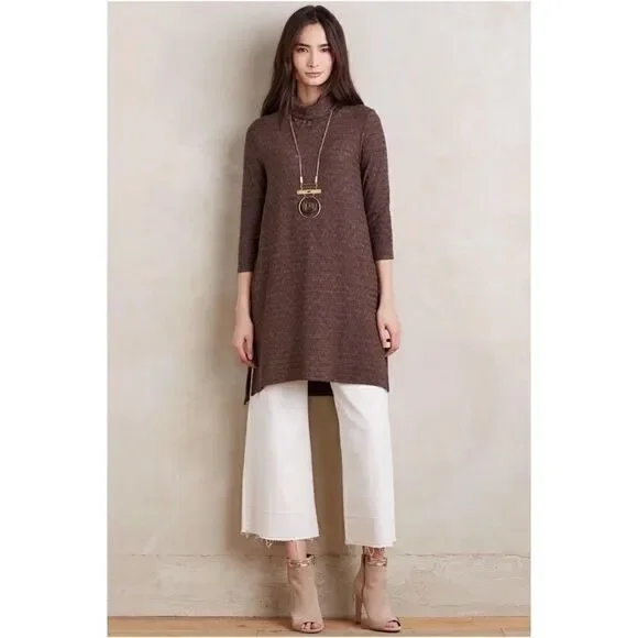 Anthropologie - Puella Naeve Dress Turtleneck Brown ribbed tunic 3/4 sleeve