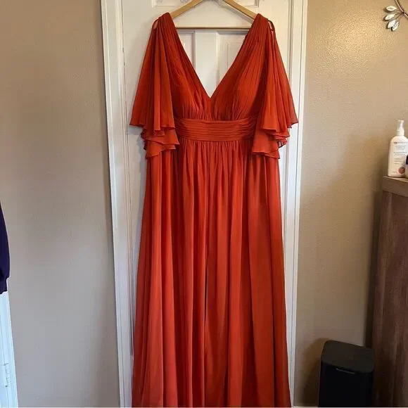 AZAZIE TEMEKA Burnt Orange A-Line Ruched Chiffon Dress