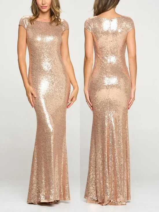 Rose Gold Sequin Short Sleeve Formal Wedding Evening Dress 12