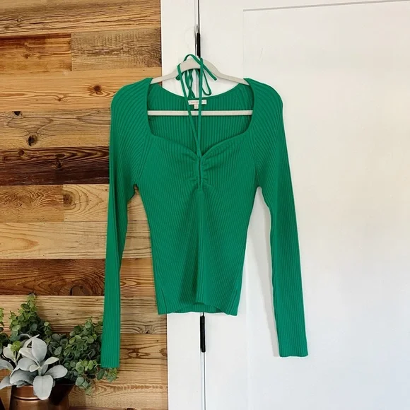Skies are Blue Sweetheart Neck Tie Jade Green Ribbed Sweater