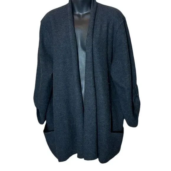 Eileen fisher 100% merino wool open front cardigan roll tab sleeve PL capsule