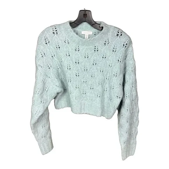 Topshop Sweater | Cropped Peekaboo Pointelle Pastel Blue Size US 4-6 UK S