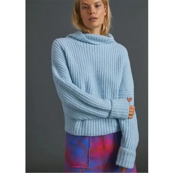 Anthropologie Maeve Athena Cowl Neck Sweater Pullover Alpaca Wool Blue XL