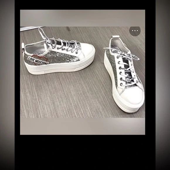 Love Moschino Leather platform sneakers Silver Glitter on White  EU 38 = US 7.5