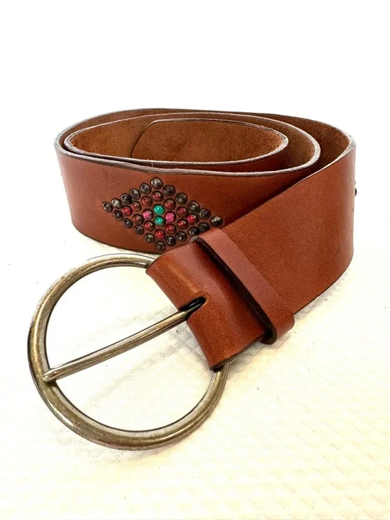 Wide Brown Boho Retro‎ Studded Leather Belt Round Silver Buckle Hippie Vintage