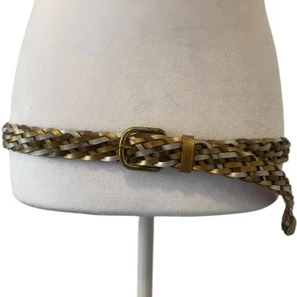 Vintage Tricolor Braided Gold Silver White Leather Belt with Gold Tone Buckle XL