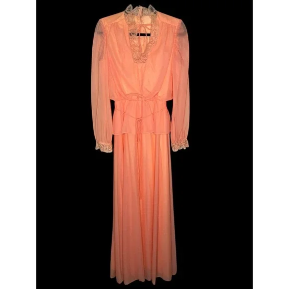 Vintage 70s Peachy Orange Lace Victorian Inspired Maxi Dress Sheer Long Sleeve