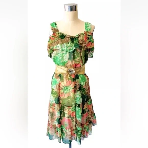 McGinn Anthropologie Green Floral Cocktail Party Dress sz 2‎