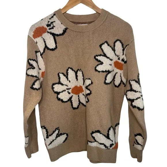 Abercrombie & Fitch Floral and White Beige Tan Pullover Sweater XS