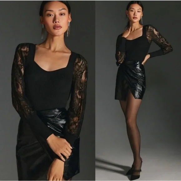 ANTHROPOLOGIE Black Ribbed Knit Sweater With Lace Sleeves Size 1X