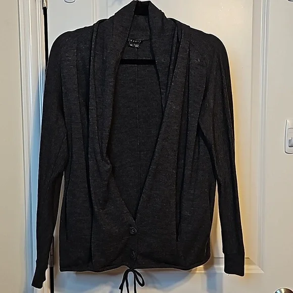 Theory Cardigan Button & Drawstring Wool Blend Charcoal Cowl Neck Collar Small