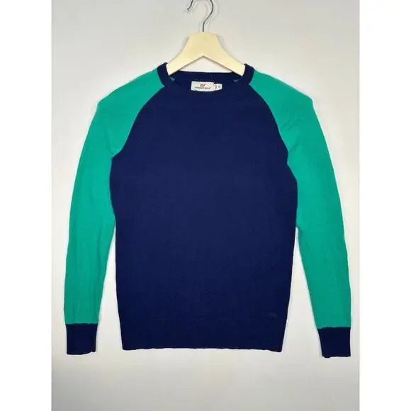 Vineyard Vines Cashmere Blend Taglan Sleeve Navy and Green Crewneck Sweater