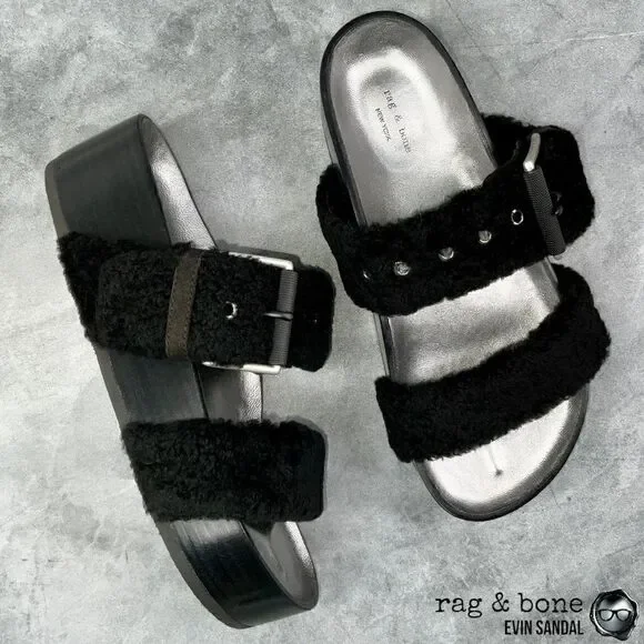 RAG & BONE EVIN GENUINE SHEARLING PLATFORM SLIDE SANDAL IN BLACK US SIZE 6 EU 36