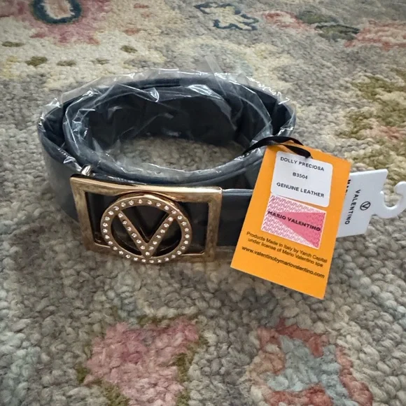Valentino By Mario Valentino Darker Navy blue Leather Belt Gold V Crystal Buckle