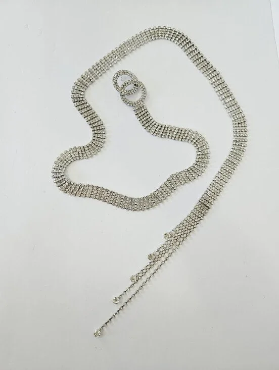 Clear Rhinestone Extra Long O-Ring Buckle Adjustable Tassel Chain Linked Belt 3X