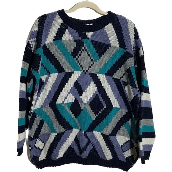 Clifton Place Vintage 90s Unisex Size L Geometric Twee Chunky Knit Sweater