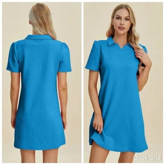 Cute Casual Colorful Work Wear Collared Texture Blue Women's Dress