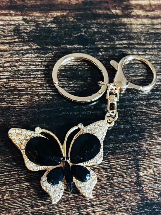 Gold Tone Black Crystal Rhinestone Butterfly Keychain