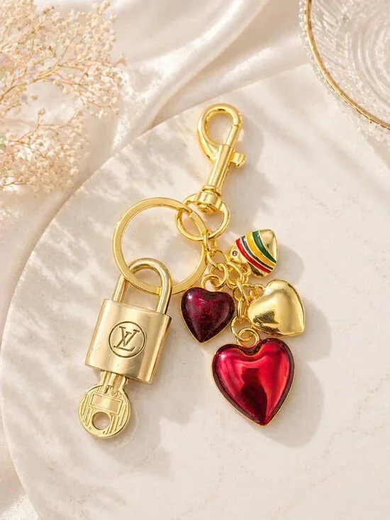 Louis Vuitton Authentic Gold Padlock 🔑 Key + Unbranded Hearts Stylish Bag Charm