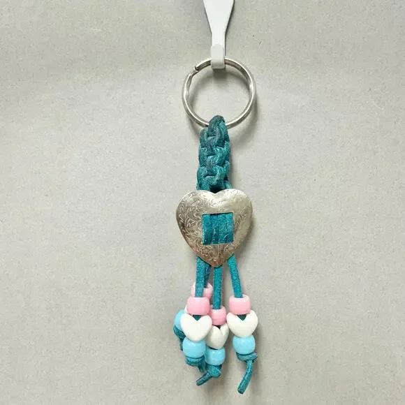 Vintage 90s handmade‎ suede leather and bead macrame Keychain heart concho boho