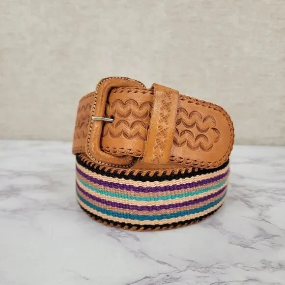 Tan Tooled Leather and Multicolor Canvas Striped Belt Vintage