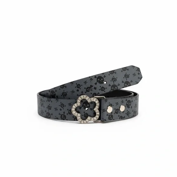 Halloween spooky GENUINE BONDED LEATHER Black Skull Pattern Belt Rhinestone 36