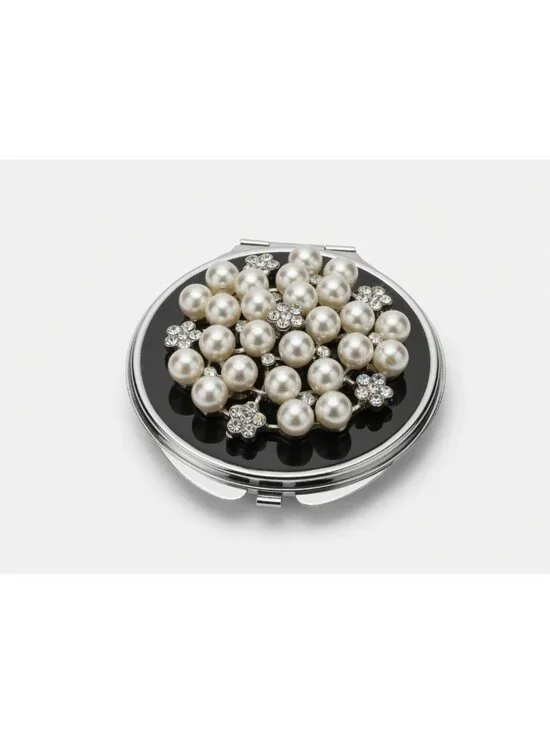 Elegant Faux Pearl & Rhinestone Compact Makeup Mirror Double Sided Vintage Style